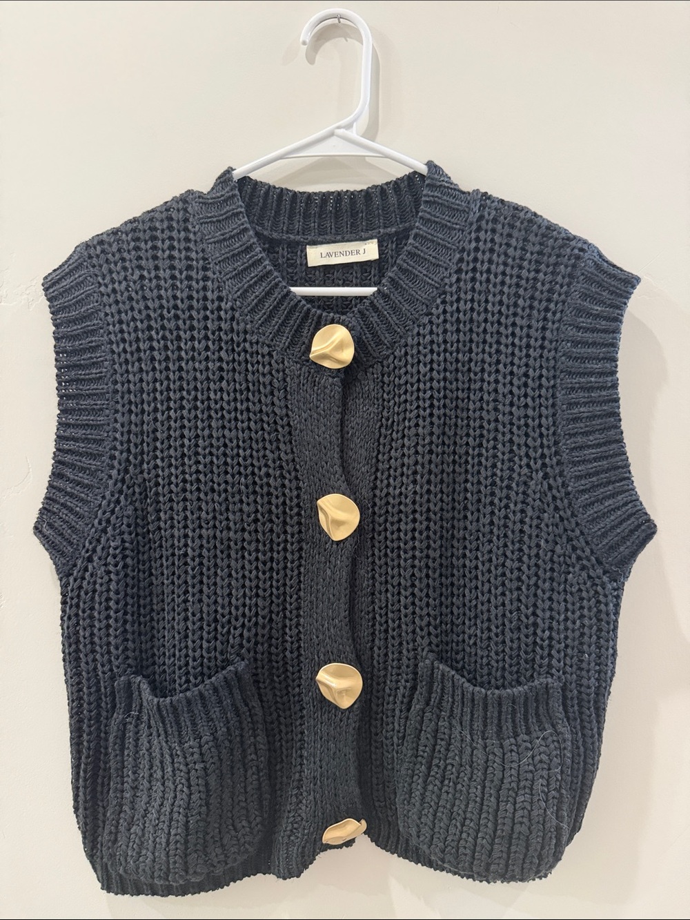 Black Chunky Knit Button Vest with Gold Buttons